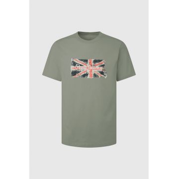 Tricou cu imprimeu logo si decolteu la baza gatului Clag - Coral/Verde sparanghel/Alb murdar