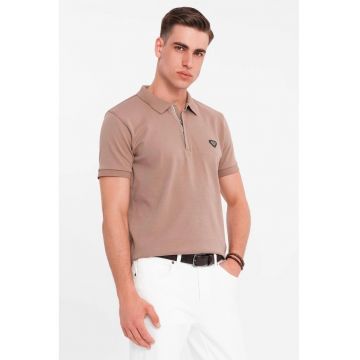 Tricou polo cu fenta cu fermoar - Maro inchis