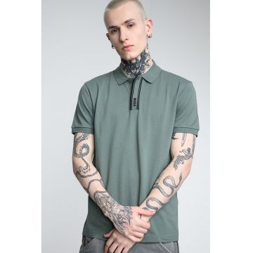 Tricou polo din amestec de bumbac cu detalii logo - Negru/Verde aquamarin