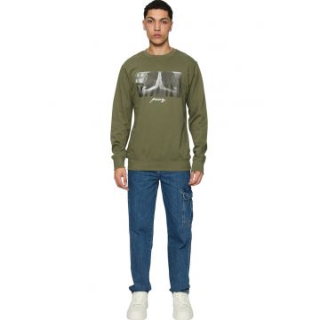 Bluza de trening cu decolteu la baza gatului si imprimeu foto - Kaki