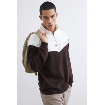 Bluza de trening din amestec de bumbac cu fermoar - Alb/Maro pamantiu