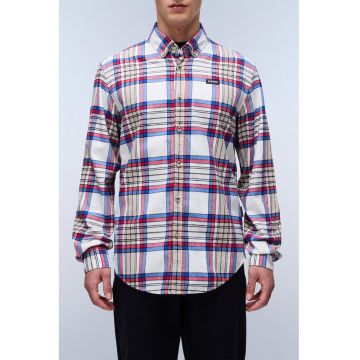 Camasa de bumbac in carouri cu guler fixat cu nasturi - Rosu/Turcoaz/Alb murdar