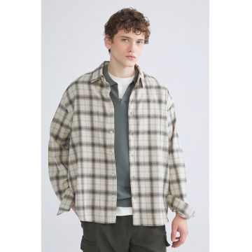 Camasa din bumbac cu model in carouri - Bej deschis/Bleumarin