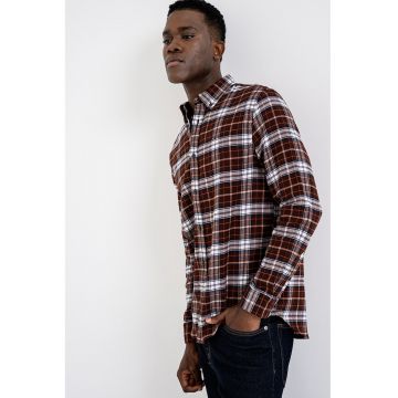 Camasa regular-fit cu guler Oxford si model in carouri - Alb/Maro