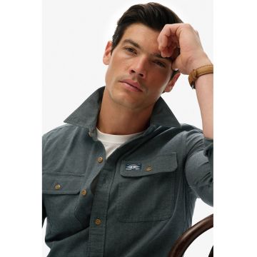 Camasa relaxed fit de bumbac cu buzunare pe piept - Verde melange