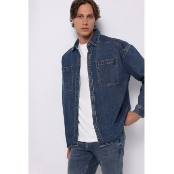 Jacheta-camasa din denim cu buzunar pe piept - Albastru inchis
