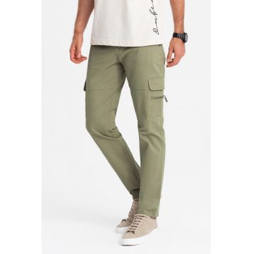 Pantaloni cargo cu croiala dreapta si buzunare cu fermoar - Verde sparanghel