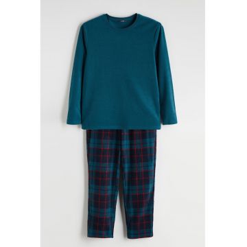 Pijama cu maneci lungi si aspect de catifea - Rosu vermillion/Albastru petrol