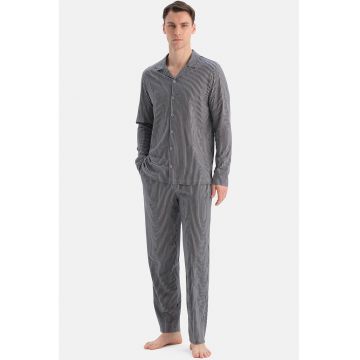 Pijama lunga din amestec de modal cu model in dungi - Gri melange/Bleumarin