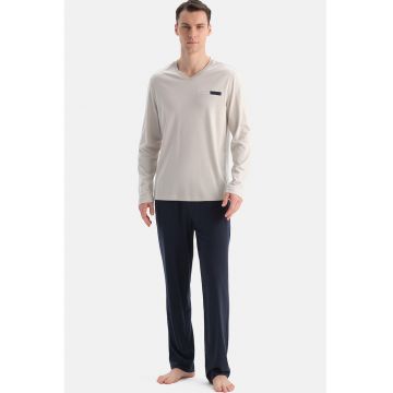 Pijama lunga din amestec de modal - Maro nisip/Bleumarin