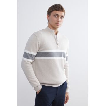 Pulover cu dungi si fermoar scurt - Gri cenusiu/Bej melange