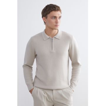 Pulover de bumbac cu guler ascutit - Bej