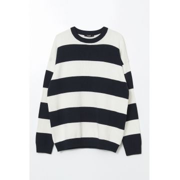 Pulover din bumbac cu decolteu la baza gatului si dungi - Alb murdar/Bleumarin
