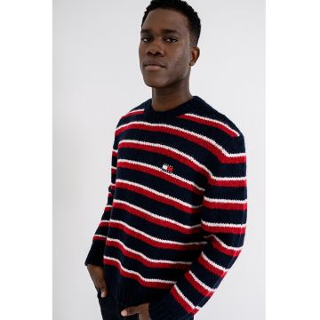 Pulover lejer din amestec de lana alpaca cu dungi - Rosu/Bleumarin