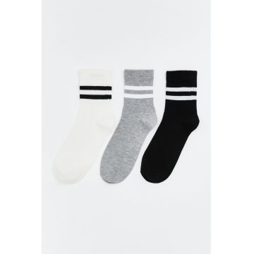 Set de sosete lungi cu model in dungi - 3 perechi - Alb fildes/Negru/Gri melange
