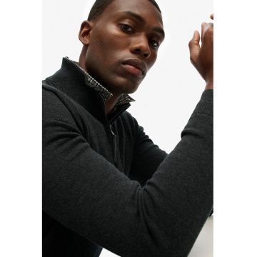 SUPERDRY - Pulover de bumbac organic cu fenta cu fermoar - Gri inchis