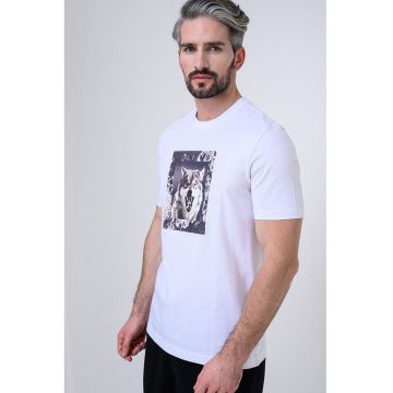 Tricou cu decolteu la baza gatului si imprimeu foto - Alb/Gri/Lila pal