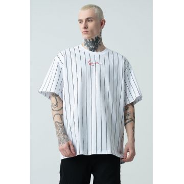 Tricou de bumbac cu decolteu la baza gatului si model in dungi