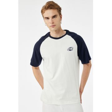 Tricou de bumbac cu maneci raglan - Alb/Bleumarin
