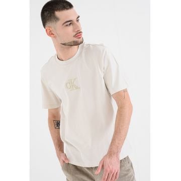 Tricou din bumbac cu aplicatie monograma pe piept - Alb murdar