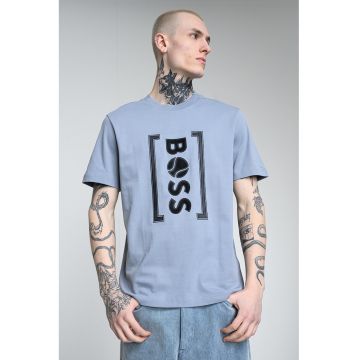 Tricou relaxed fit cu imprimeu logo frontal Iconic - Negru/Albastru prafuit