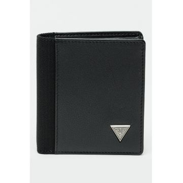 Portofel pliabil din piele cu garnitura din material textil - Negru