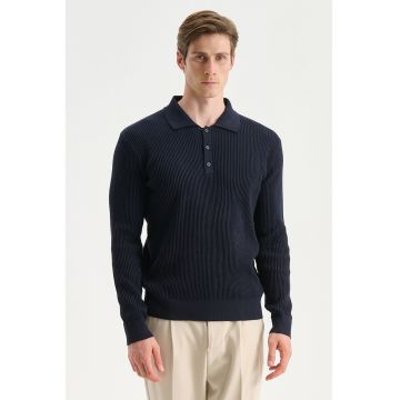 Pulover polo cu aspect striat - Bleumarin