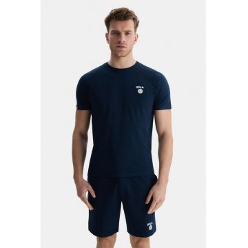 Tricou de bumbac cu decolteu la baza gatului - Bleumarin