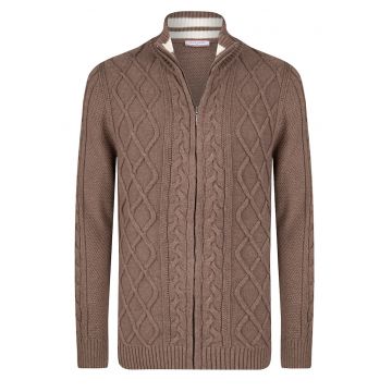 Cardigan cu fermoar si model torsade - Maro inchis