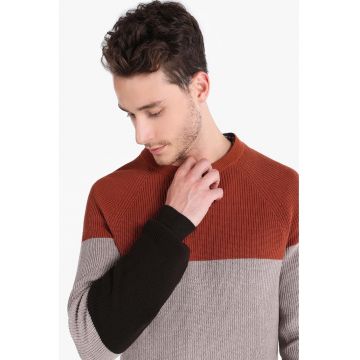 Pulover cu decolteu la baza gatului si maneci raglan - Negru/Caramiziu/Grej