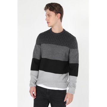 Pulover cu decolteu la baza gatului si model in dungi - Negru/Gri melange