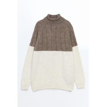 Pulover cu model torsade - in doua nuante si guler inalt - Maro inchis/Maro nisip