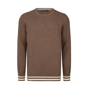 Pulover de bumbac cu detalii in dungi - Maro inchis/Alb murdar