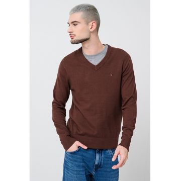 Pulover din amestec de bumbac organic si casmir cu decolteu in V - Maro inchis