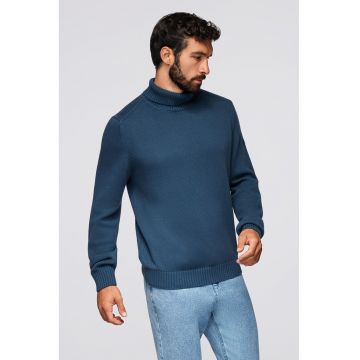 Pulover din bumbac cu guler inalt si model uni - Albastru petrol