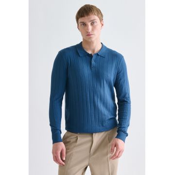 Pulover polo striat slim fit - Albastru petrol