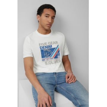 Tricou cu decolteu la baza gatului si imprimeu frontal - Alb murdar/Albastru deschis