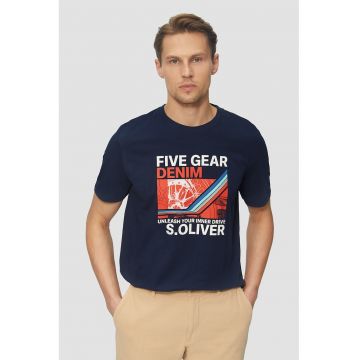 Tricou cu decolteu la baza gatului si imprimeu frontal - Albastru inchis/Rosu vermillion