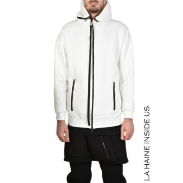 Hanorac cu gluga detasabila si fermoar dublu - Alb