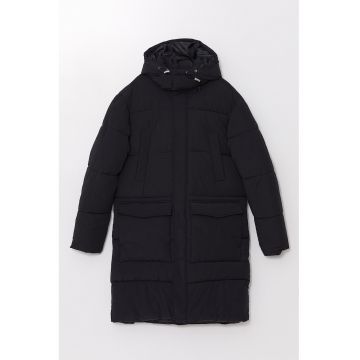 Jacheta pufoasa cu gluga detasabila - Negru