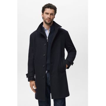 Palton din amestec de lana cu inchidere cu cordon - Bleumarin