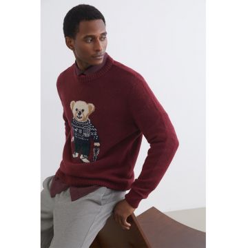 Pulover cu imprimeu ursulet - Visiniu/Bej/Bleumarin