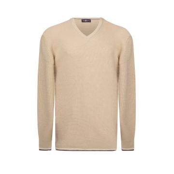 Pulover din bumbac cu decolteu la baza gatului