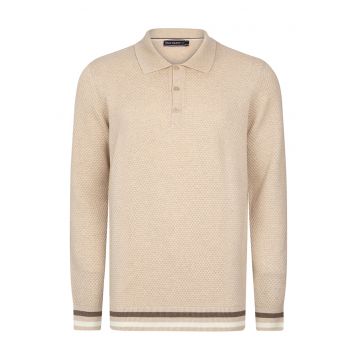 Pulover polo cu accente in dungi - Maro inchis/Alb optic/Bej deschis