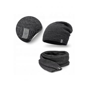 Set barbatesc  caciula extinsa cu lustruire si esarfa - 100% acril - gri inchis -