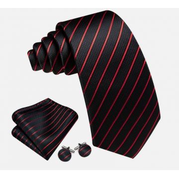 Set cravata neagra cu dungi rosii + batista + butoni - matase -- model 870