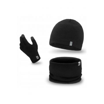 Set de iarna barbatesc -  caciula fleece - incalzitor de gat - manusi - negru - 3 piese - 100% acril