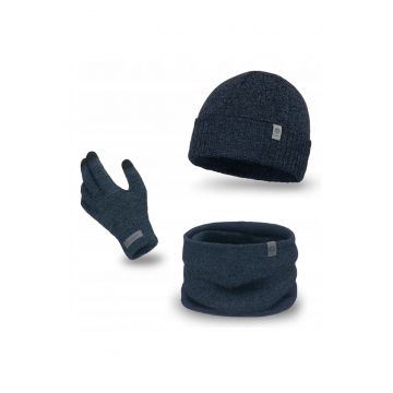 Set de iarna barbatesc -  caciula pliabila - esarfa tubulara - manusi pentru ecran tactil - bleumarin - marime universala