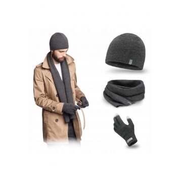 Set de iarna barbatesc -  gri inchis - caciula - esarfa - manusi - material acril -