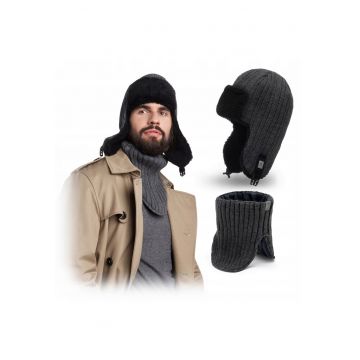 Set de iarna barbati -  caciula cu aparatori pentru urechi si incalzitor de gat - grafit -